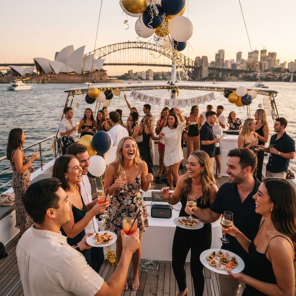 Birthday party celebration on catamaran deck Sydney Harbour