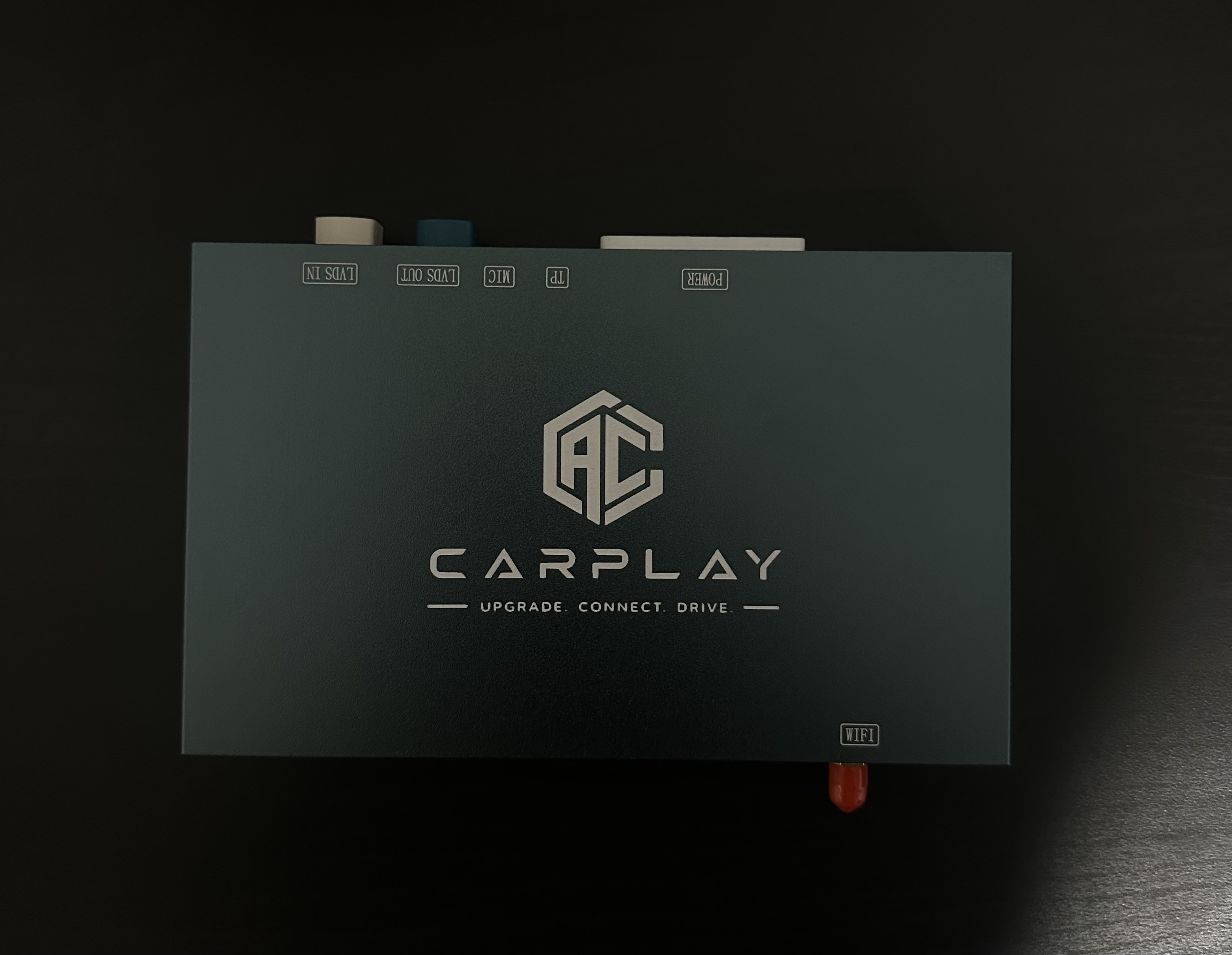 Audi CarPlay interface module top face showing LVDS, MIC, TP, POWER and WiFi ports