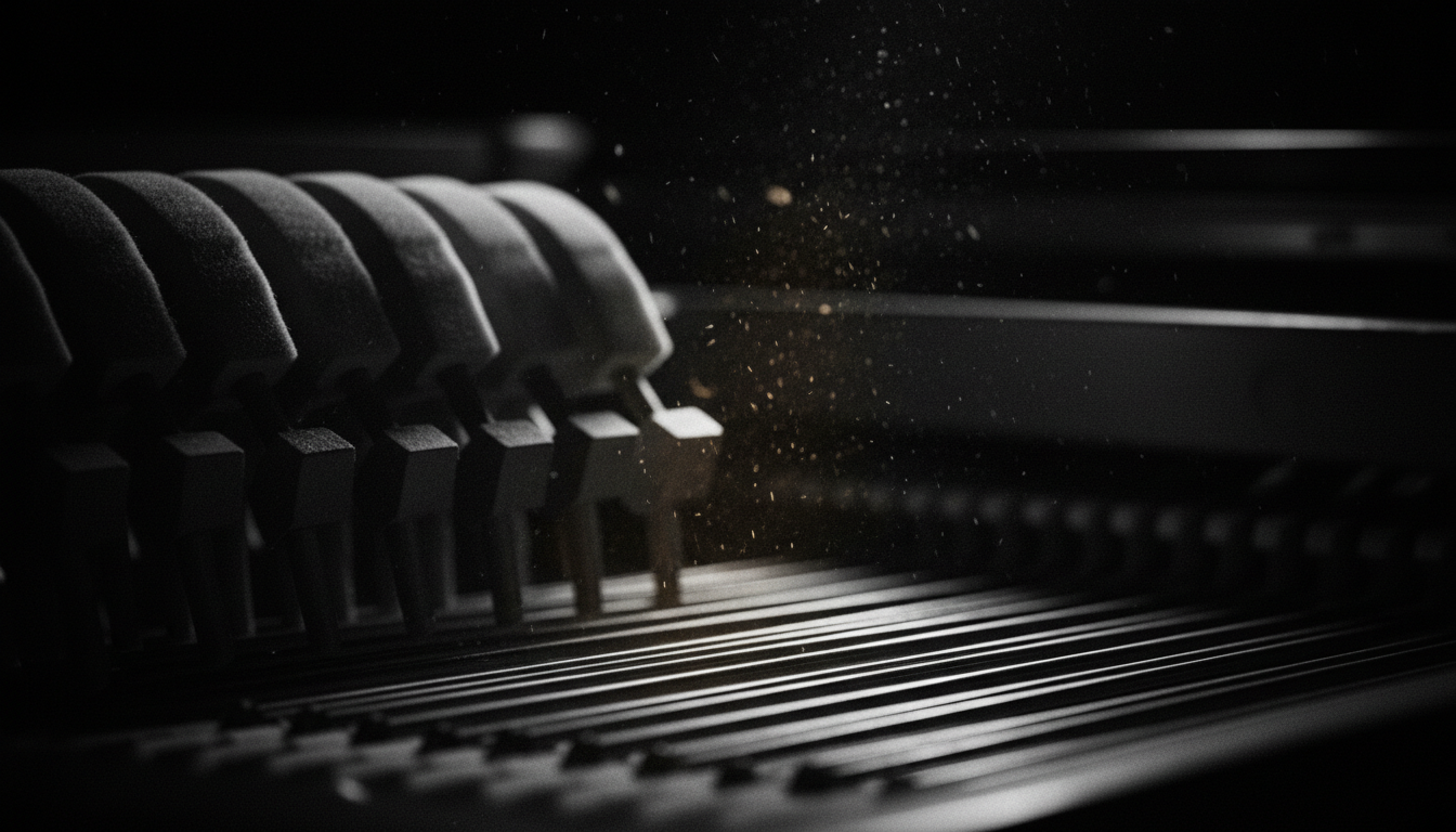 Grand piano hammers and strings in dramatic chiaroscuro lighting