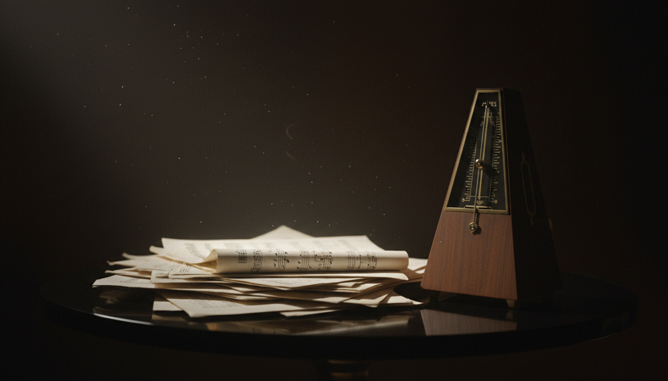 Musical manuscripts and metronome in dramatic lighting