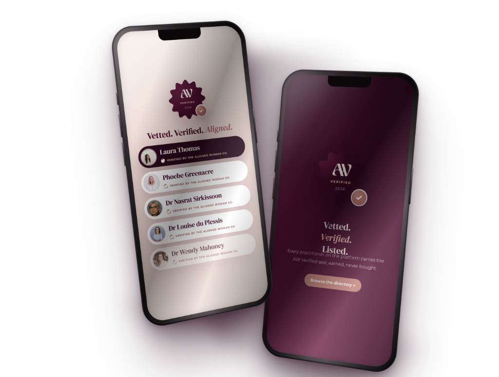 The AW Verified directory and a practitioner profile shown on two phones