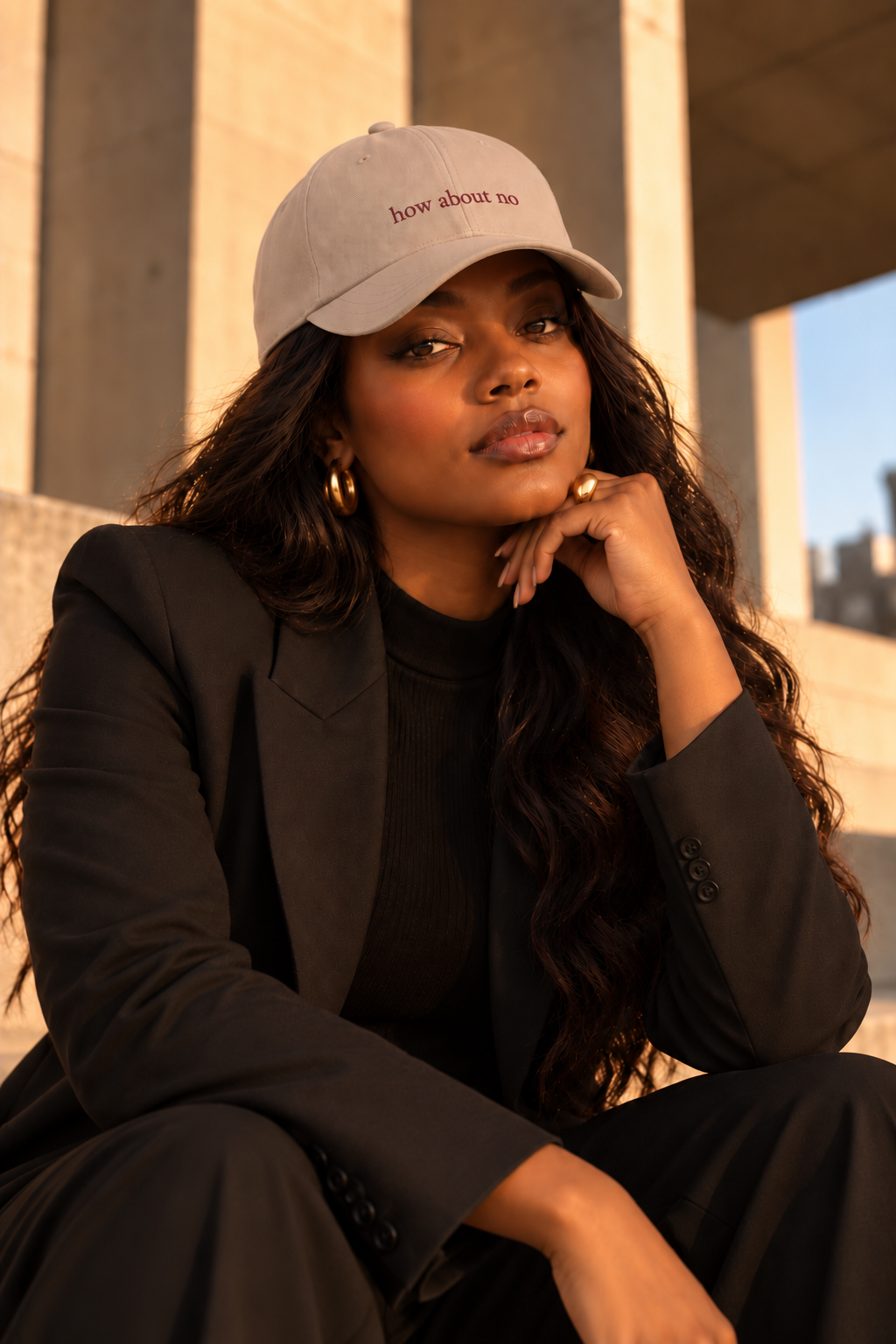 how about no, embroidered on the stone beige cap