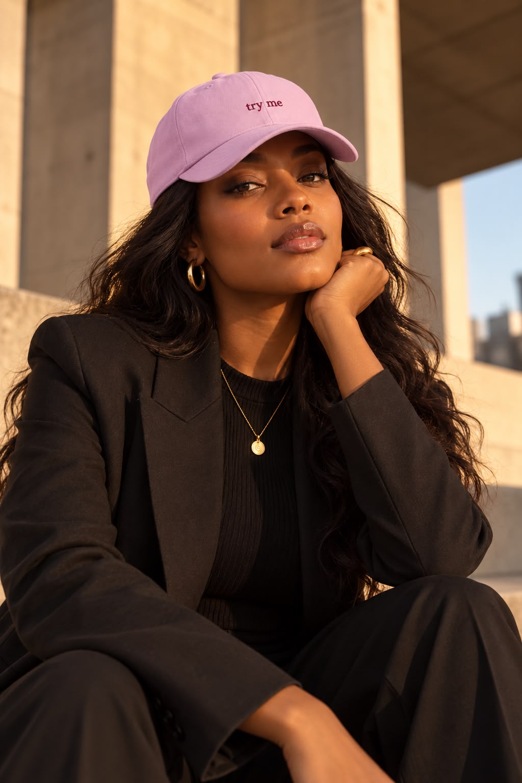 try me, embroidered on the baby pink cap