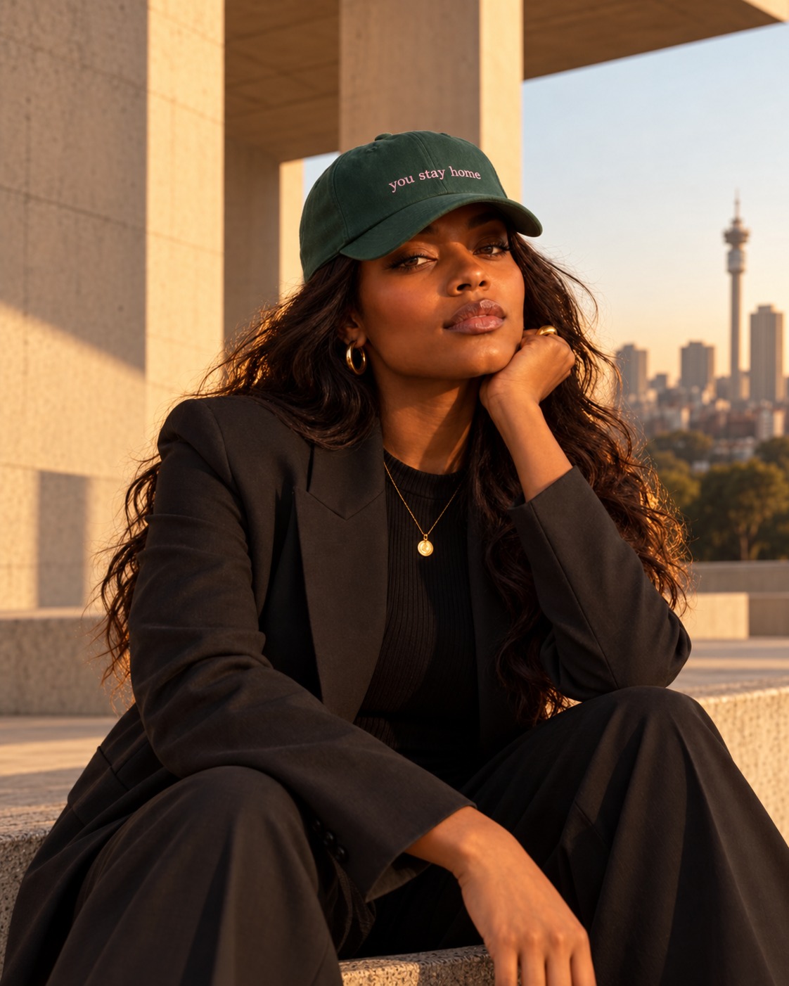 The forest green cap embroidered with you stay home, worn at golden hour