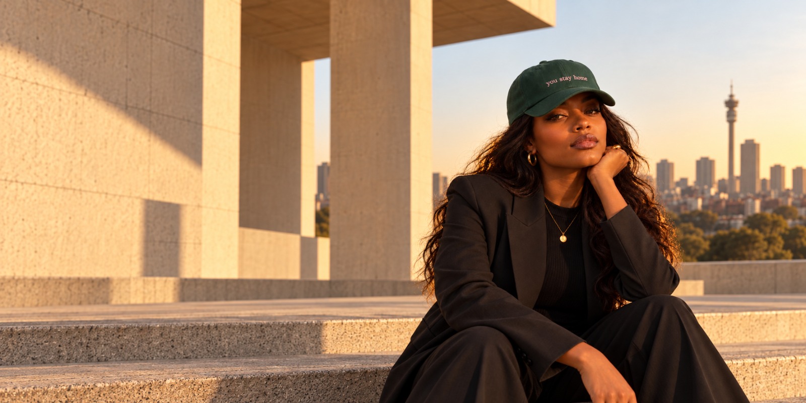 The forest green cap embroidered with you stay home, worn at golden hour