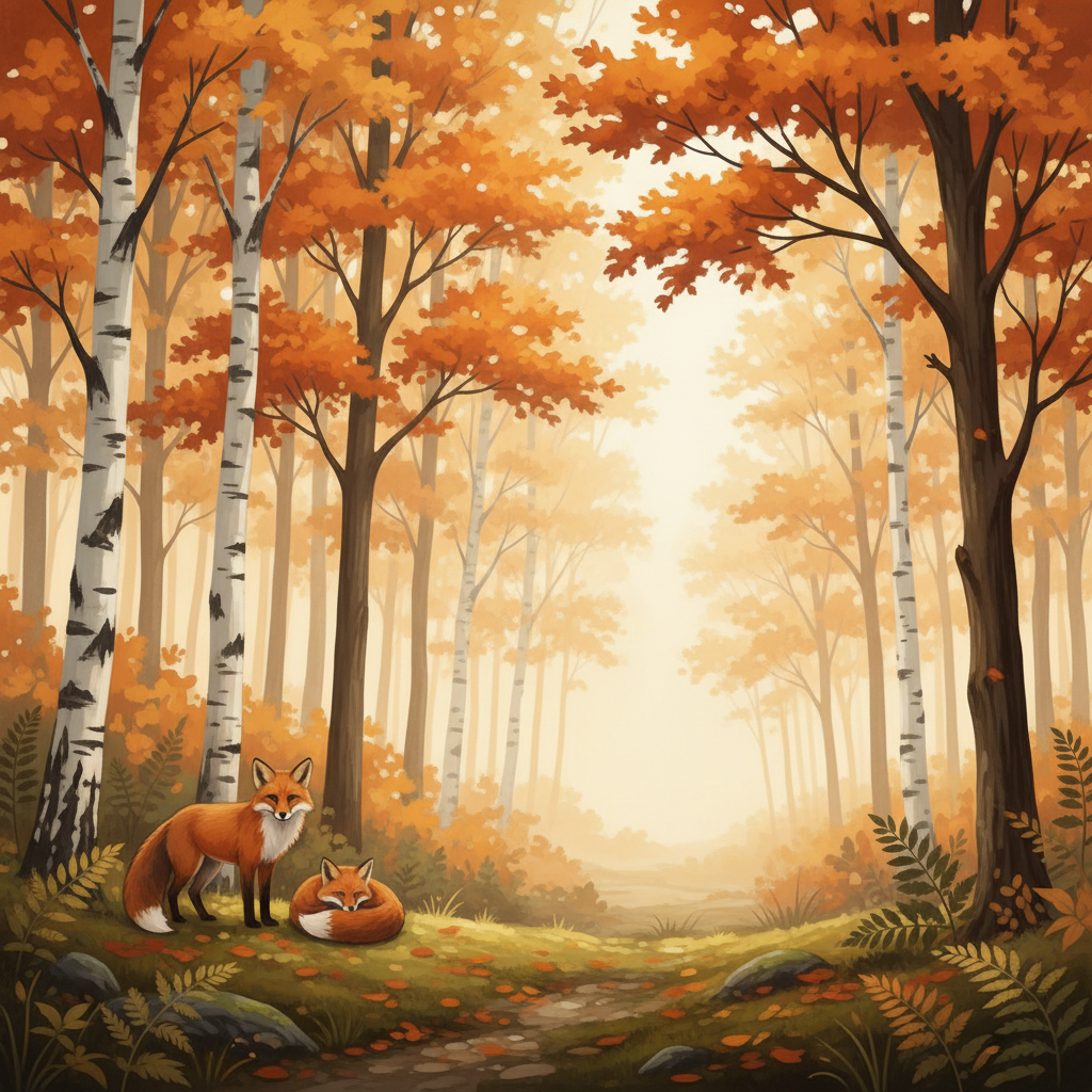 Autumn forest with foxes