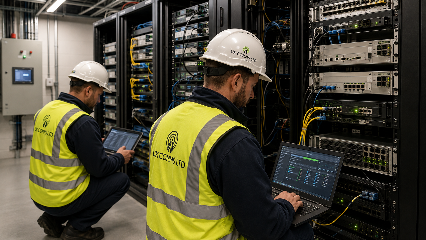UK Comms field engineers commissioning DAS equipment within an equipment / MER room
