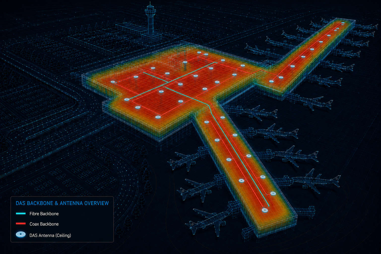 Aurora airport — illustrative RF design visualisation: heat field, fibre, coax and DAS antennas