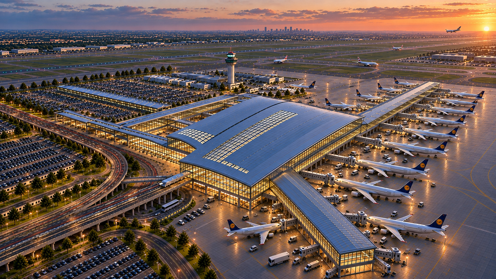 Aurora International Airport terminal at dusk — the built outcome of an engineered DAS programme