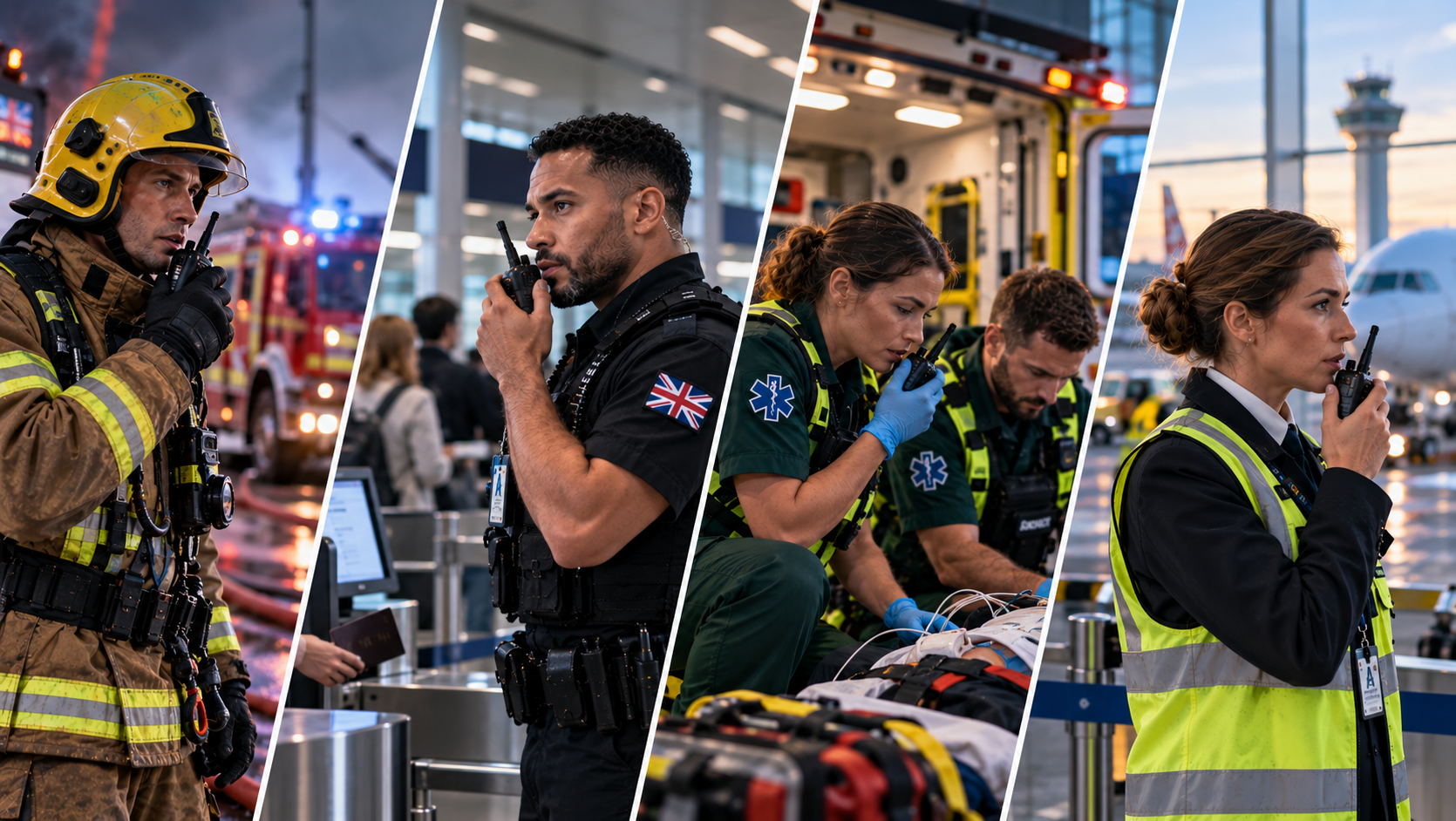 UK Comms operational montage — fire & rescue, border force, medical response and airport operations teams relying on mission-critical radio communications