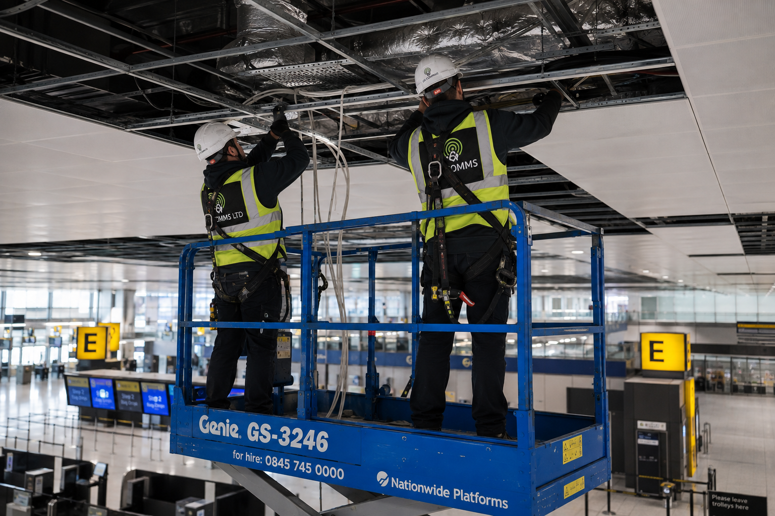 UK Comms engineers installing DAS infrastructure within an airport terminal ceiling grid