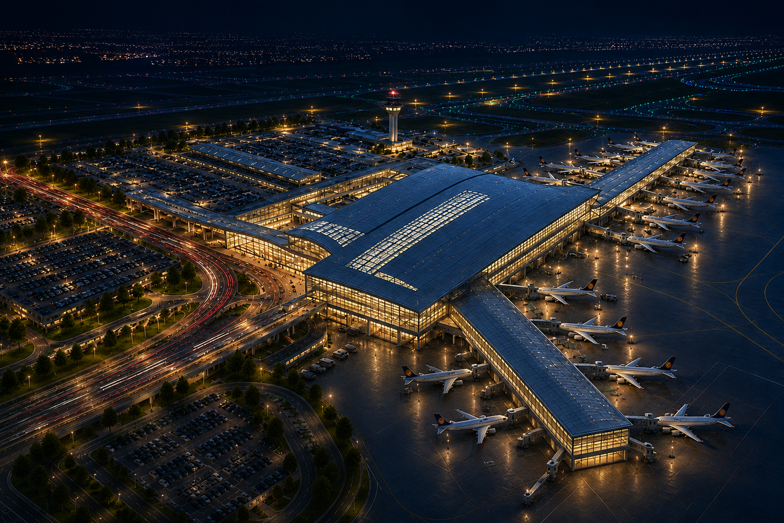 Aurora airport terminal complex — night aerial (View 01)
