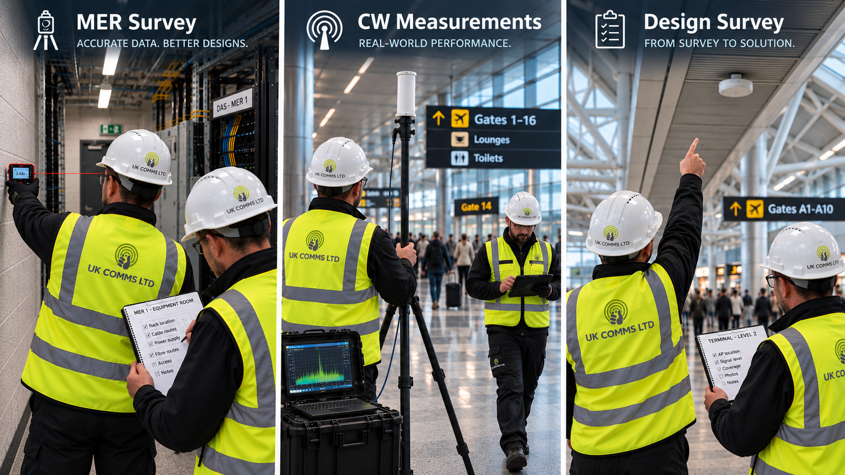 UK Comms design survey montage — MER Survey, CW Measurements and Design Survey
