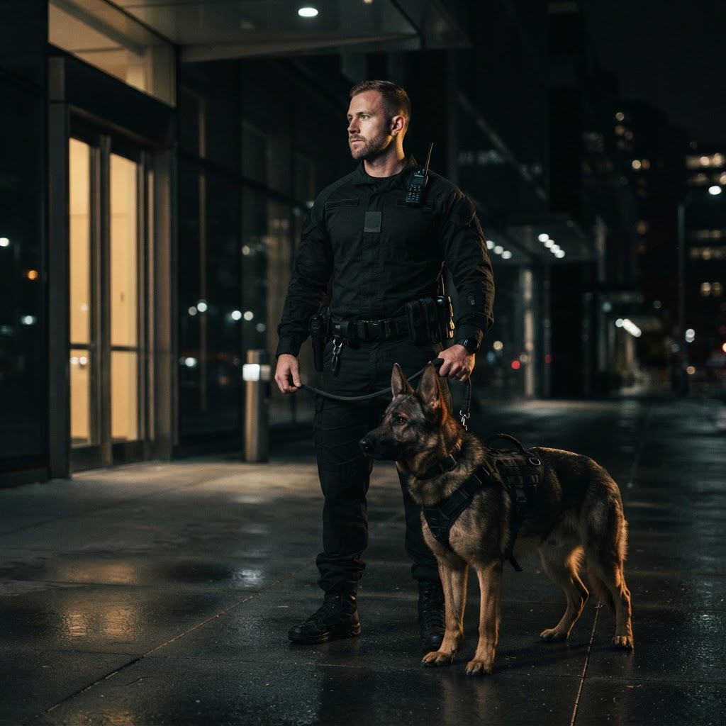OTJ Security handler with K-9 protection dog on night patrol