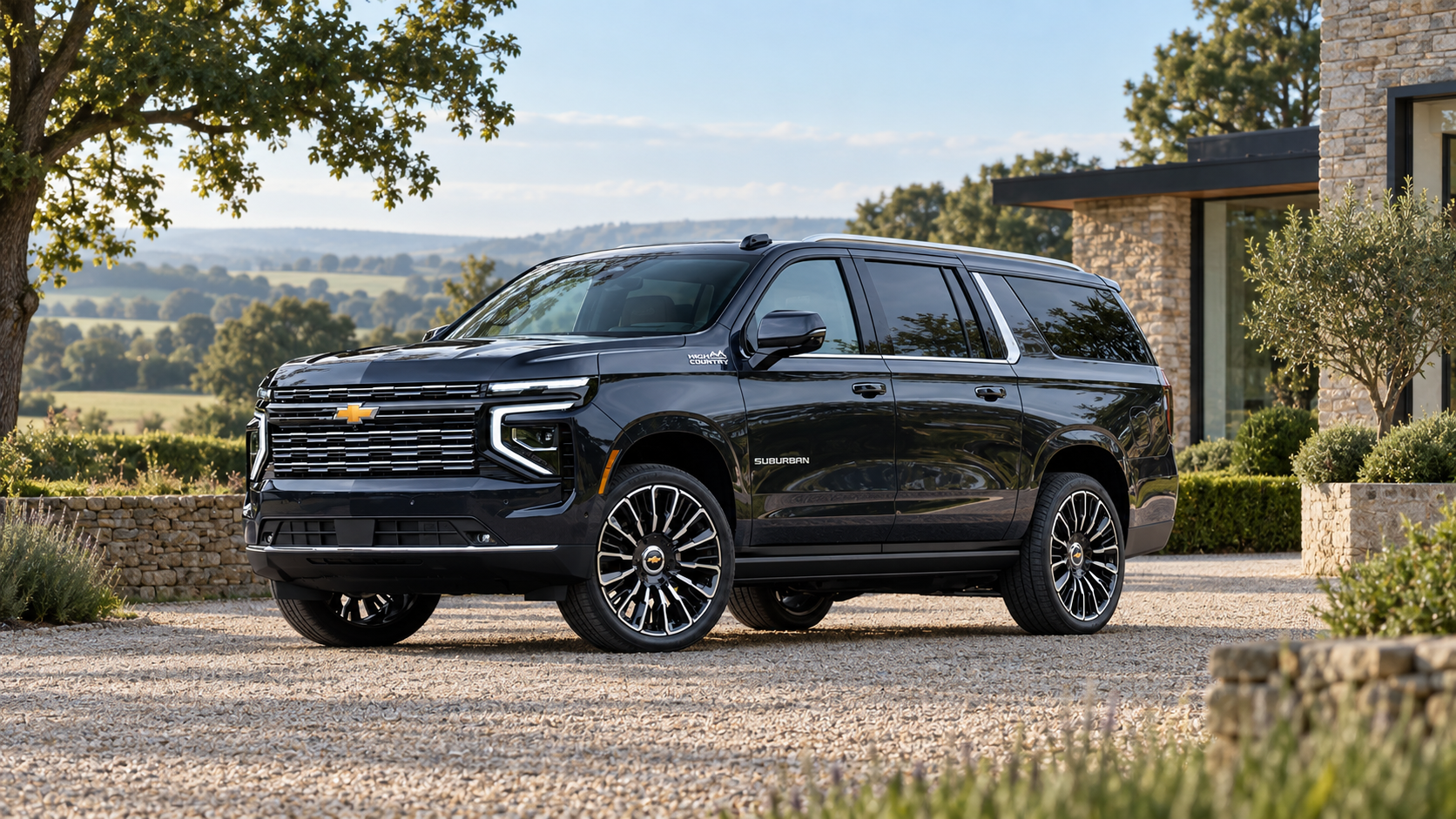 AI visualisation of a dark Chevrolet Suburban High Country outside a contemporary countryside retreat.