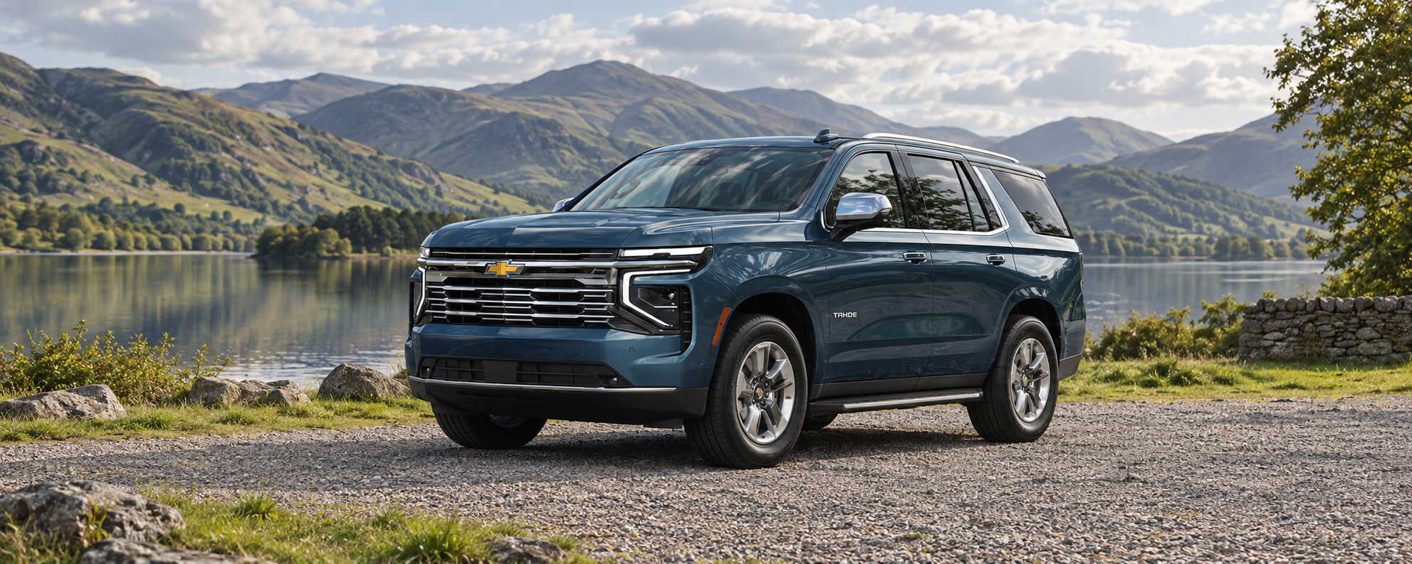 AI visualisation of a blue-grey Chevrolet Tahoe at a lakeside viewpoint beneath green hills.