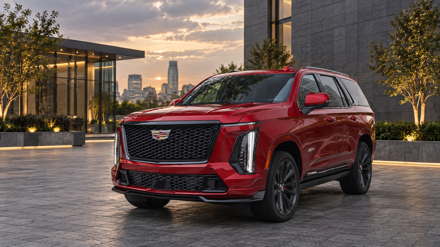 AI visualisation of a red Cadillac Escalade-V on a modern stone forecourt at sunset.