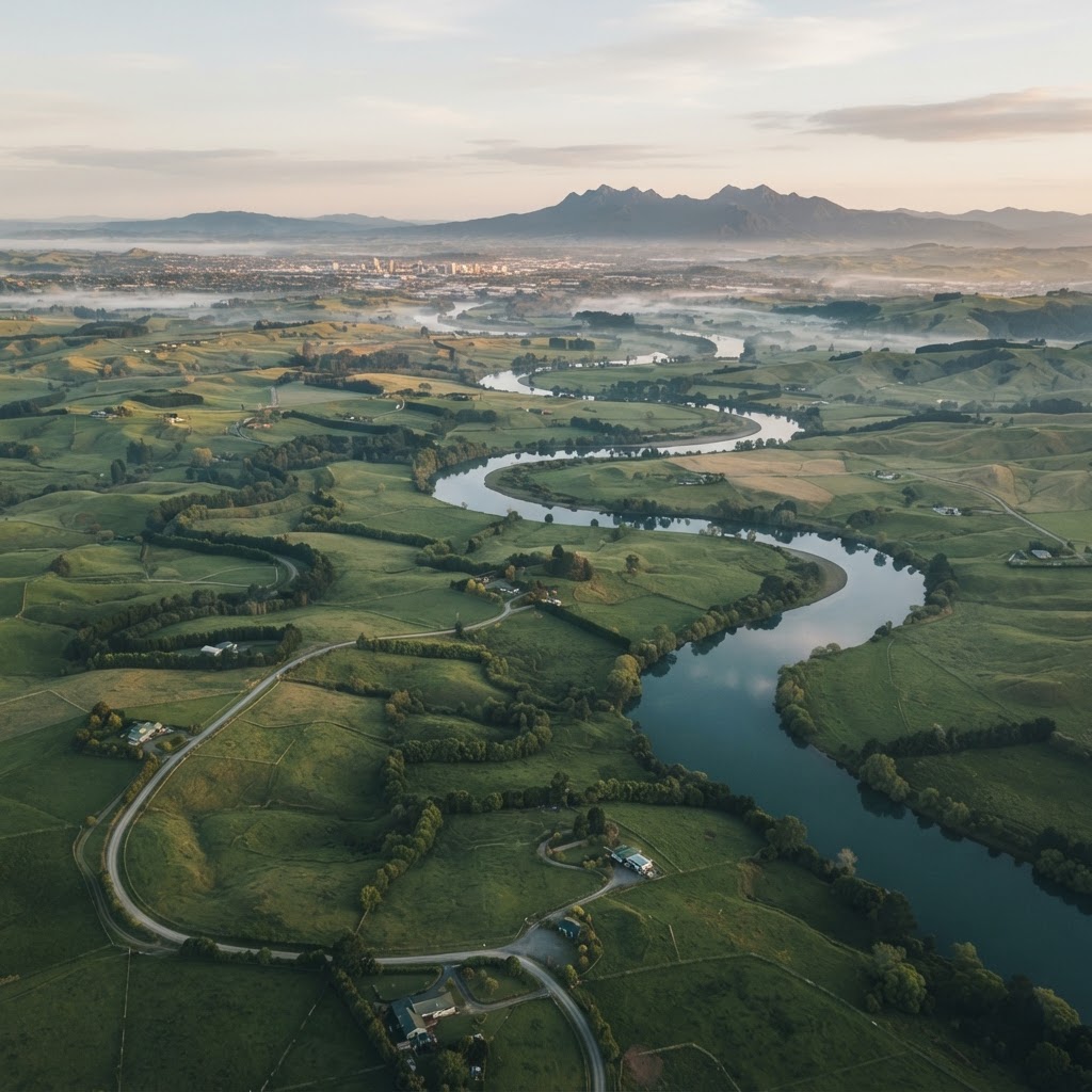 Aerial view of Waikato, New Zealand at golden hour