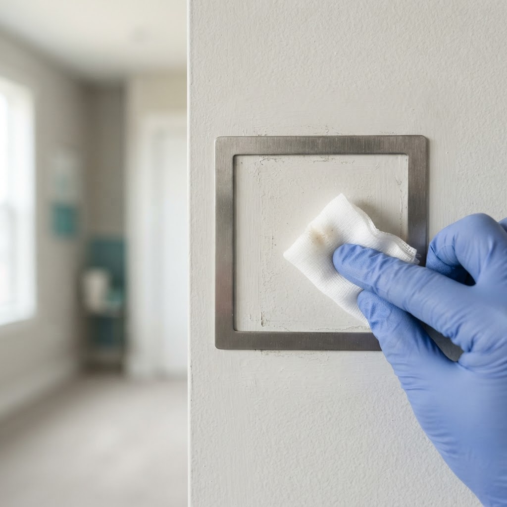 A small gauze swab wiping within a square sampling template pressed against an interior wall to collect a 100 cm² methamphetamine surface-residue sample