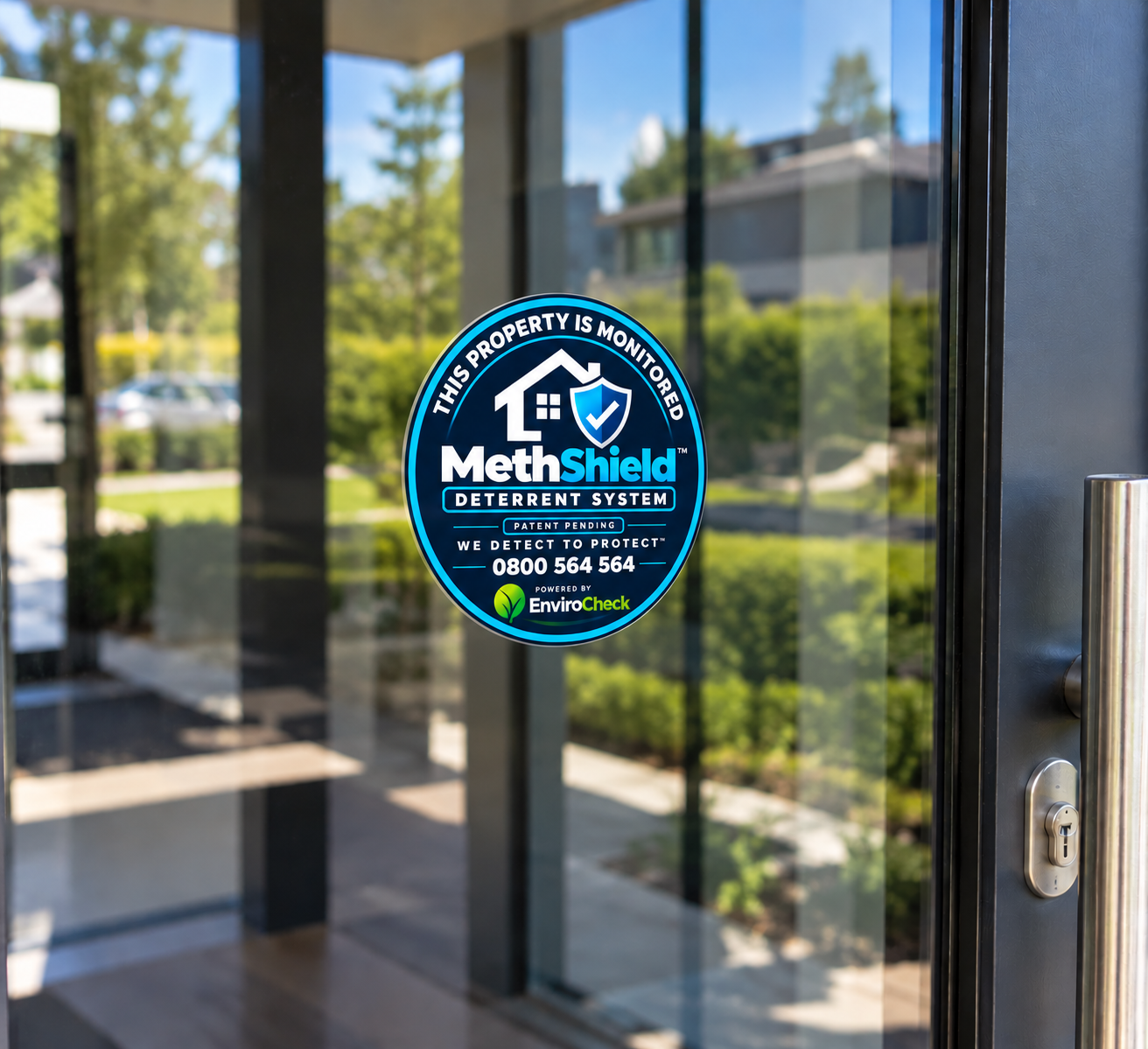 MethShield deterrent system decal applied to a glass door — this property is monitored. Patent pending.