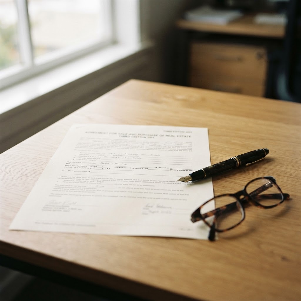 A real estate sale and purchase agreement on a desk — the type of document where methamphetamine disclosure obligations now apply under the 2026 REA guidance