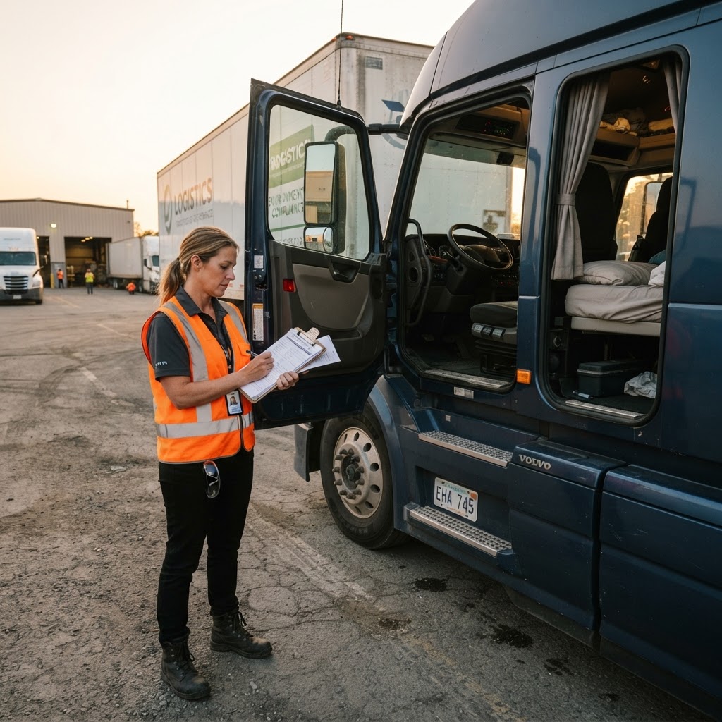 EnviroCheck environmental health assessor inspecting a heavy truck cab for methamphetamine contamination at a New Zealand transport depot