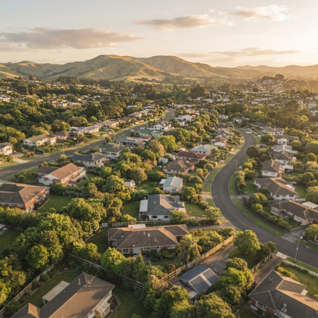 Distant view of New Zealand suburb