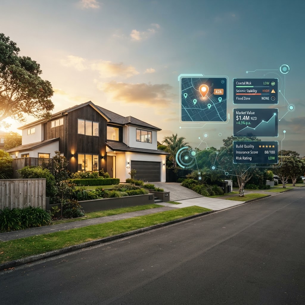 Property risk intelligence — a New Zealand property with risk-indicator data overlay