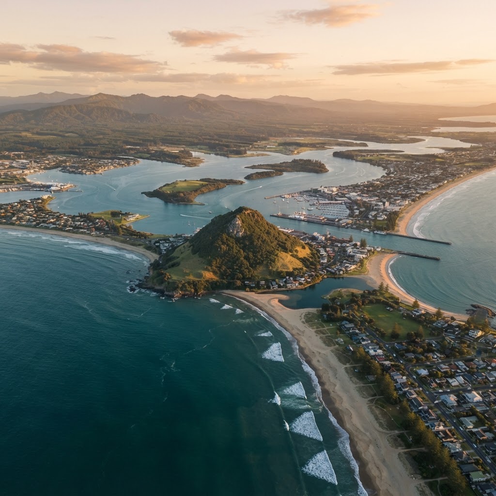 Aerial view of Bay of Plenty / Tauranga, New Zealand at golden hour