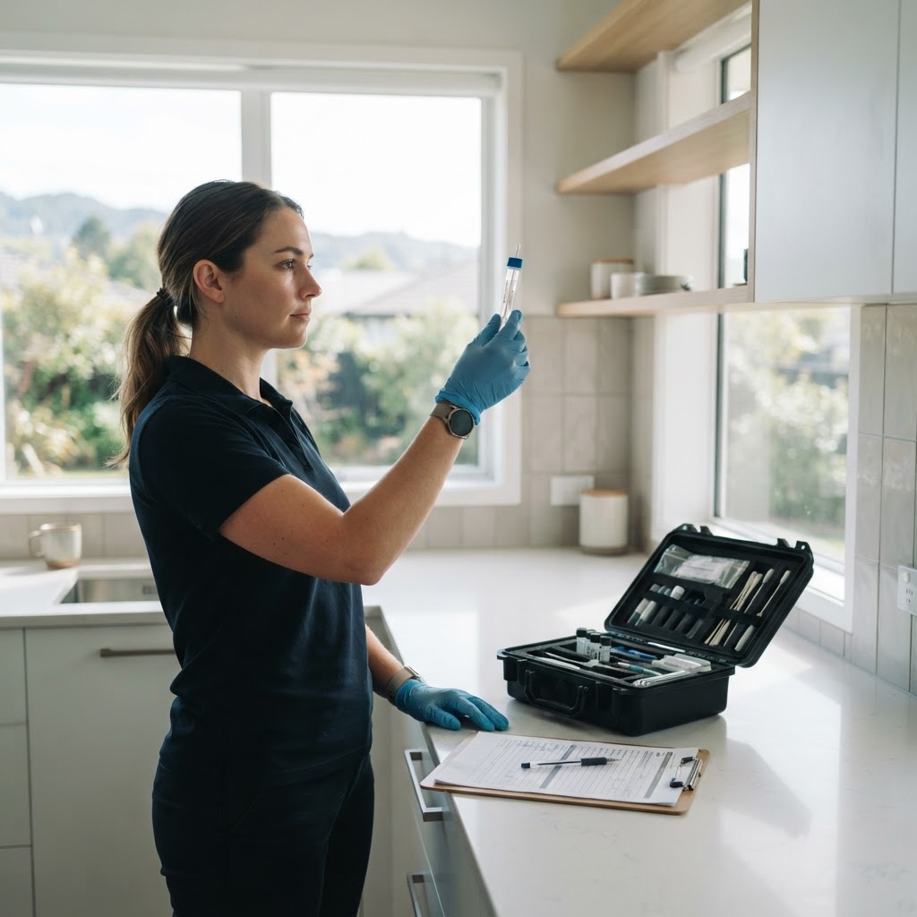 EnviroCheck assessor inspecting a sealed forensic wipe-sample vial during an on-site property risk assessment in a New Zealand home
