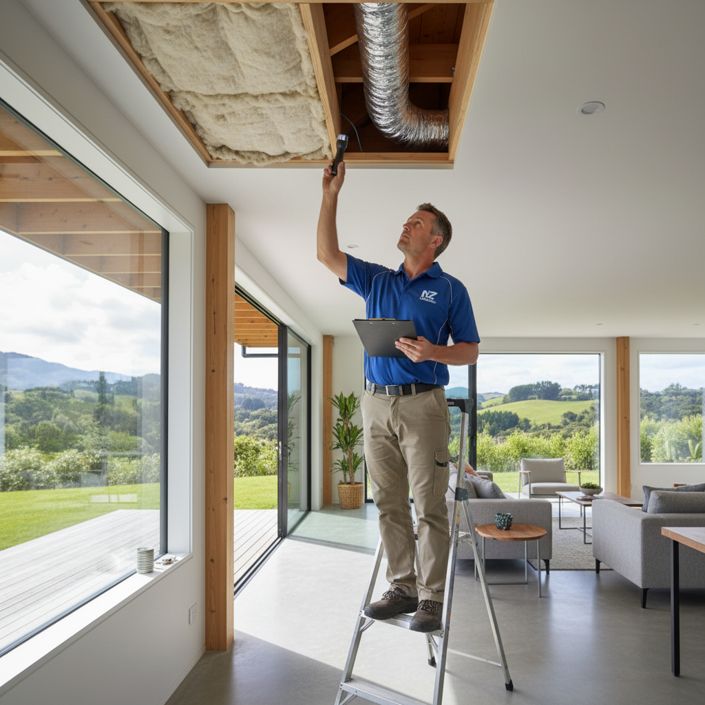 Healthy Homes compliance assessor checking heating and ventilation standards during a property inspection in New Zealand