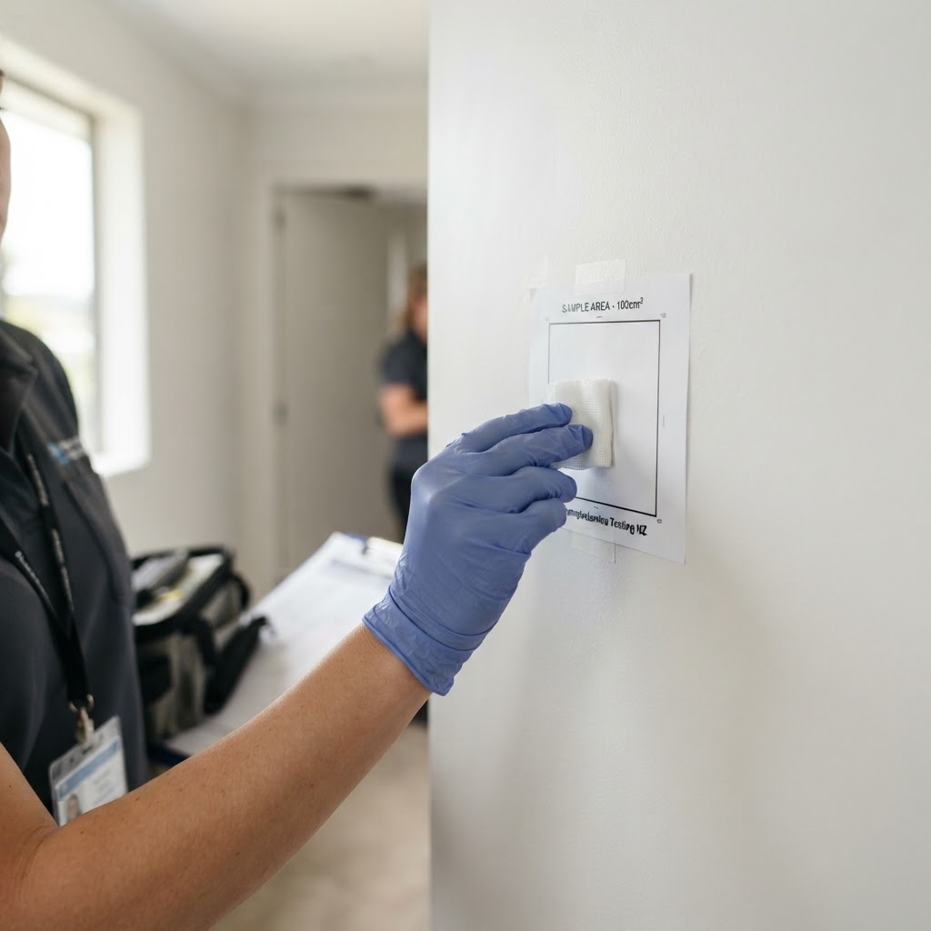 A gloved technician collects a methamphetamine surface wipe sample inside a square template frame on a painted wall — demonstrating correct 100cm² sampling technique.