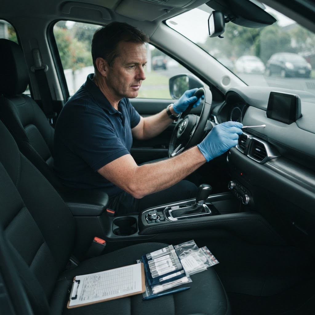 EnviroCheck assessor collecting a surface wipe sample from a car dashboard during an on-site vehicle methamphetamine contamination test in New Zealand