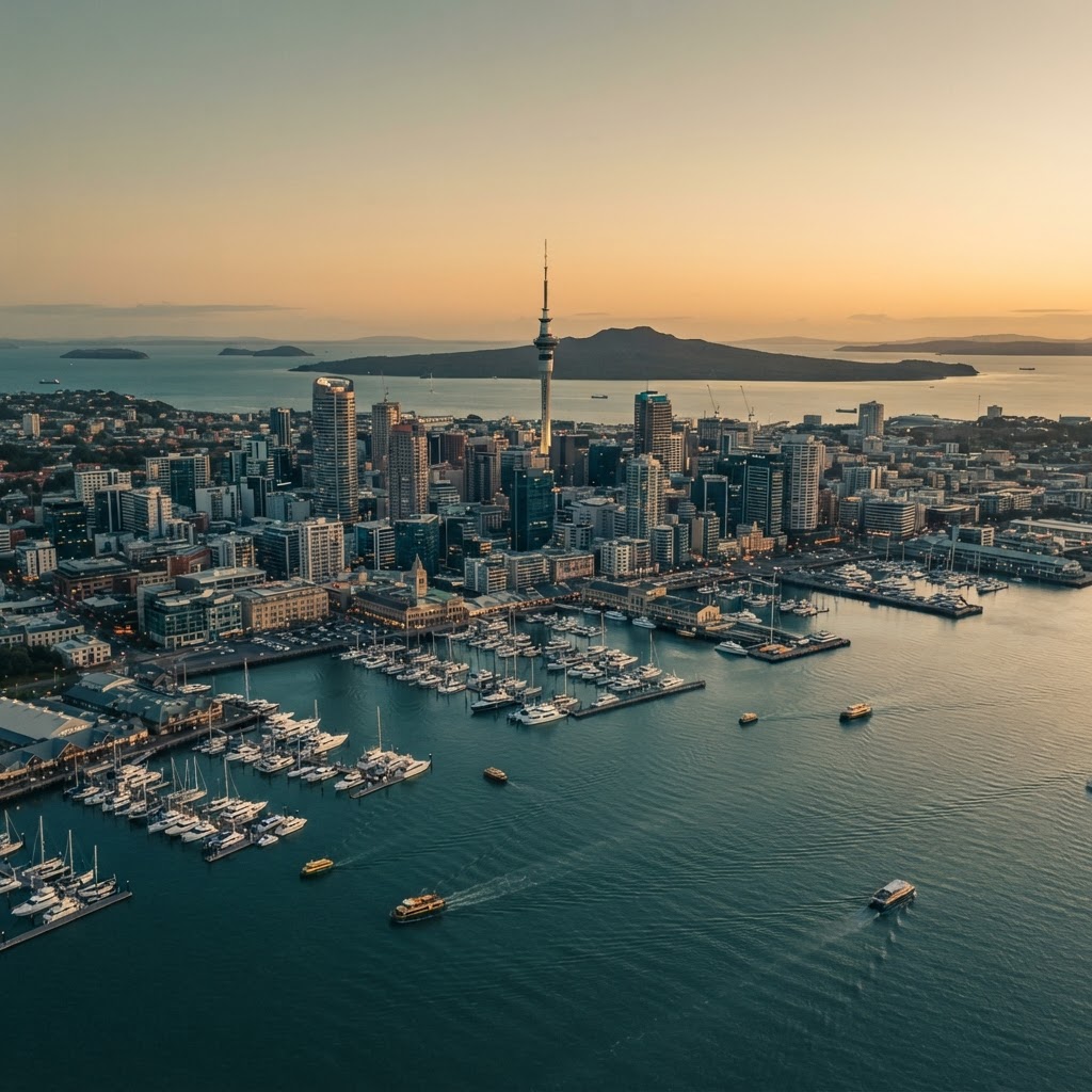 Aerial view of Tāmaki Makaurau (Auckland), New Zealand at golden hour