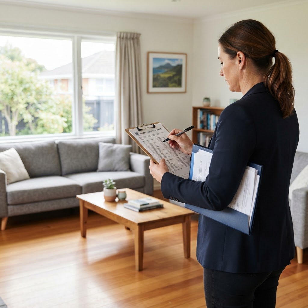 A New Zealand landlord reviews a property condition report on a clipboard during a documented rental inspection.