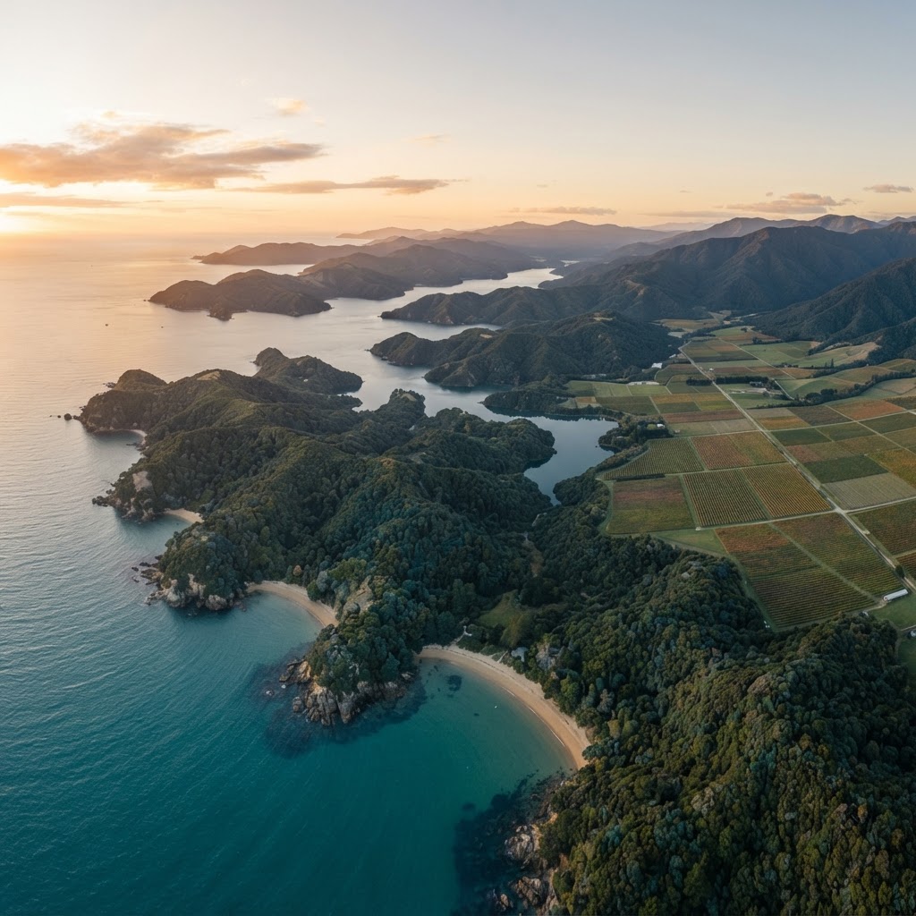 Aerial view of Tasman (Nelson / Marlborough), New Zealand at golden hour