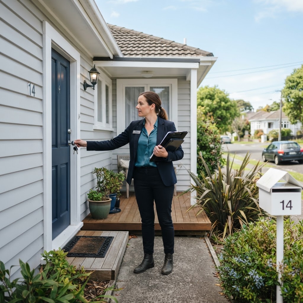 New Zealand property manager arriving at a rental property for a first-entry inspection, observing conditions before entering