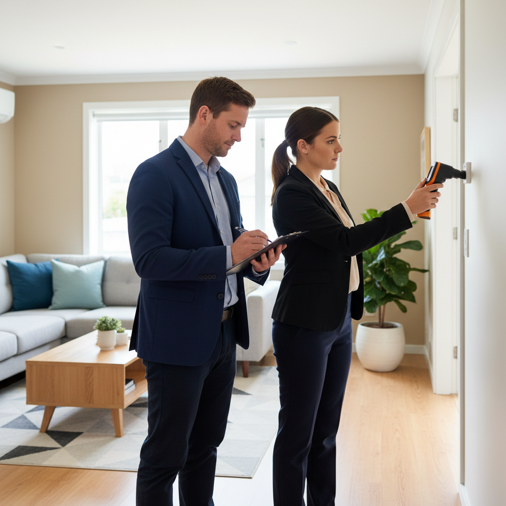 EnviroCheck meth testing professionals conducting a property inspection with a clipboard during a meth assessment in New Zealand