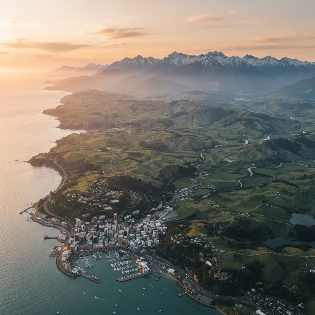 Aerial panorama of New Zealand at golden hour — coastal city, farmland and distant mountains representing the country's diverse regions.