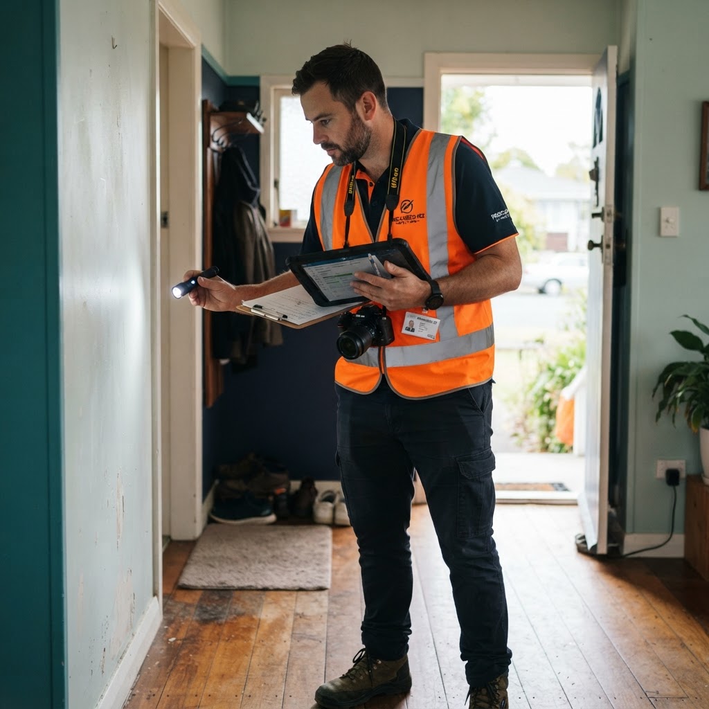 New Zealand property inspector using a torch, tablet and clipboard to inspect a rental property during a site visit