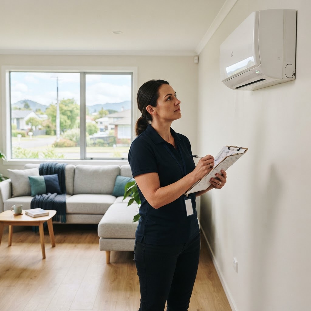 EnviroCheck healthy homes compliance assessor inspecting heating and insulation standards during a property inspection in New Zealand