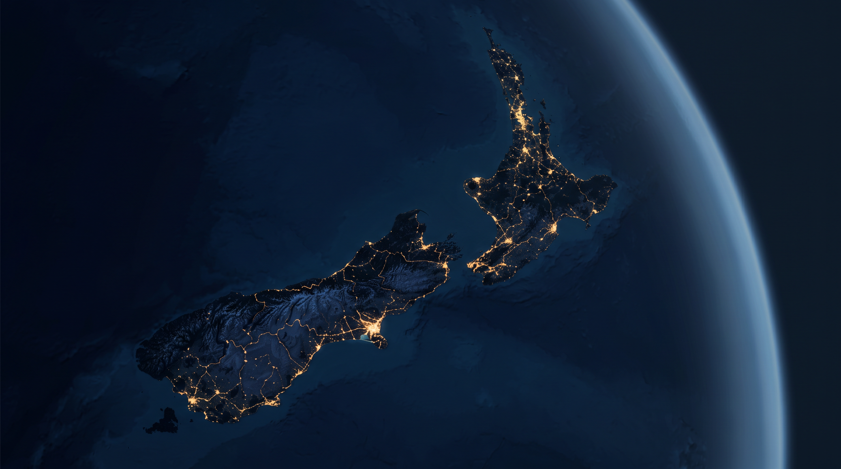 Nighttime satellite view of New Zealand — city lights tracing the two main islands against dark ocean.
