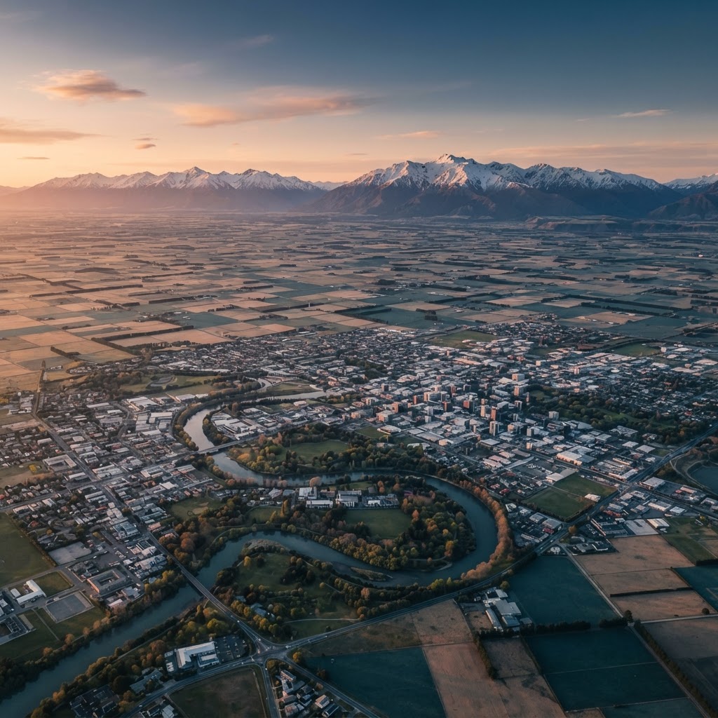 Aerial view of Christchurch (Canterbury), New Zealand at golden hour