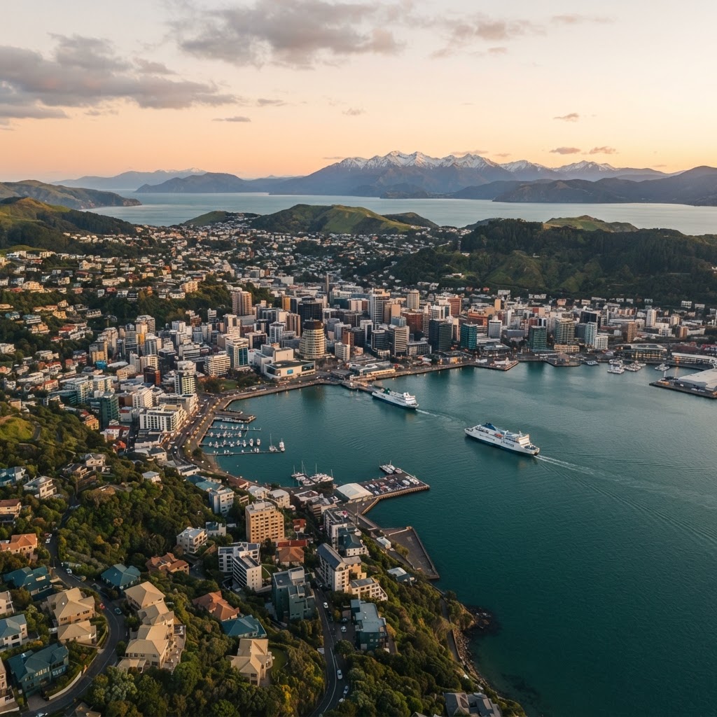 Aerial view of Wellington, New Zealand at golden hour