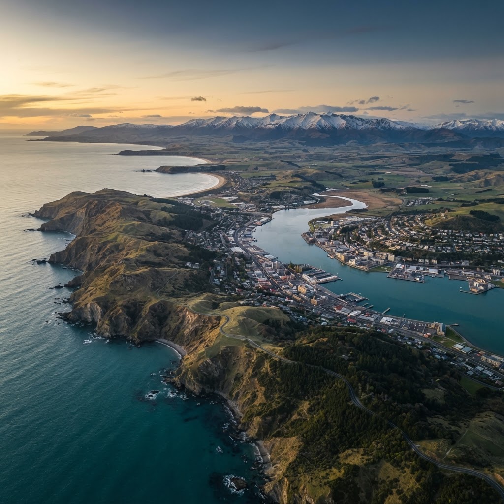 Aerial view of Southland (Otago / Invercargill / Dunedin), New Zealand at golden hour