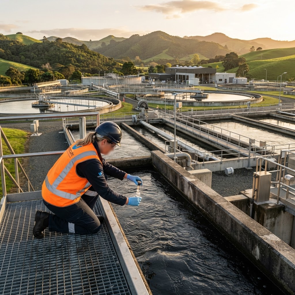 A scientist collects a wastewater sample at a New Zealand wastewater treatment plant — part of the national quarterly drug monitoring programme.