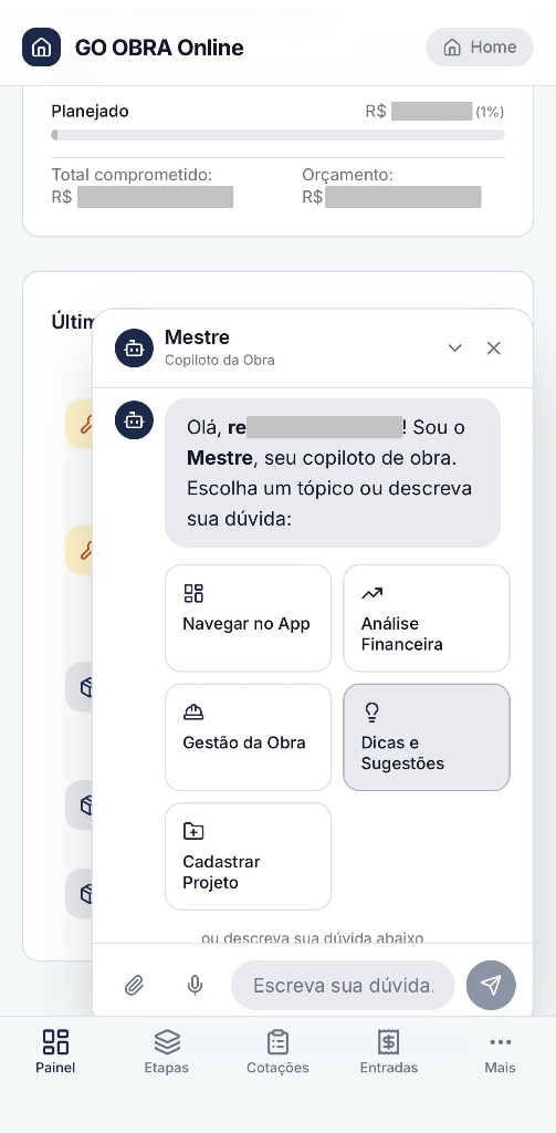 Mestre IA — Copiloto da Obra - tela 1