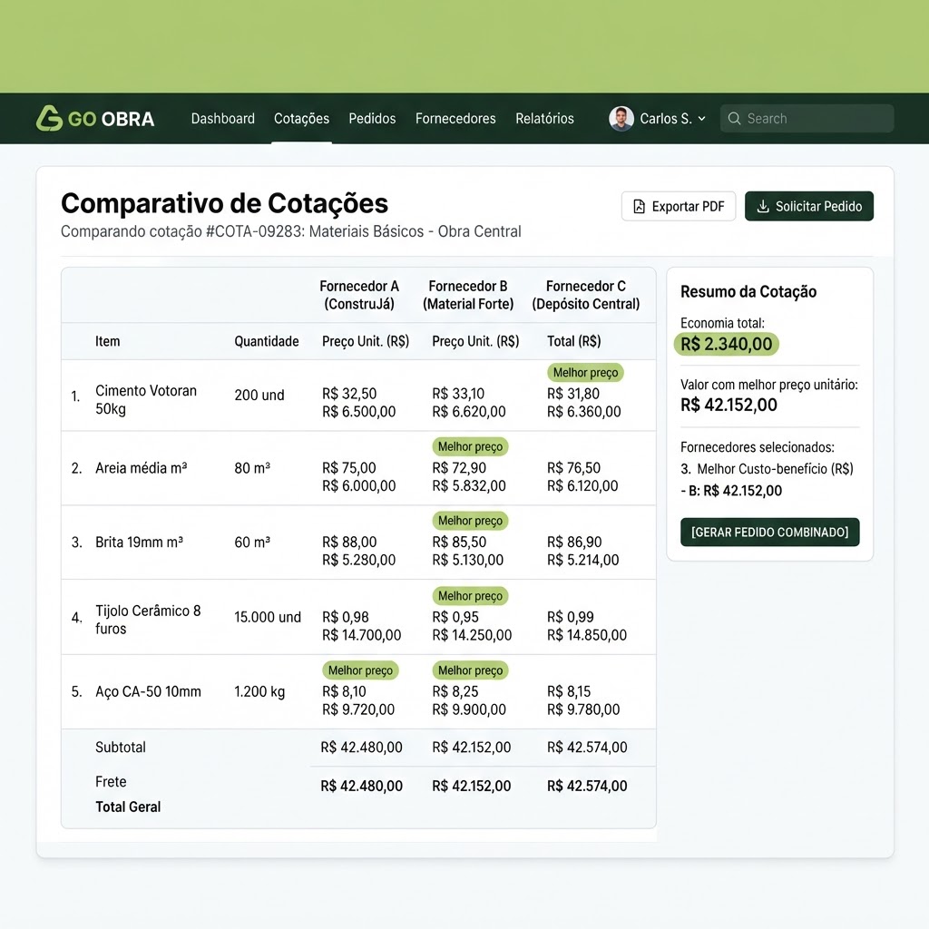 Tela de comparativo de cotações do GO OBRA Online com preços de três fornecedores para cimento, areia e brita, destacando o melhor preço de cada item e a economia total