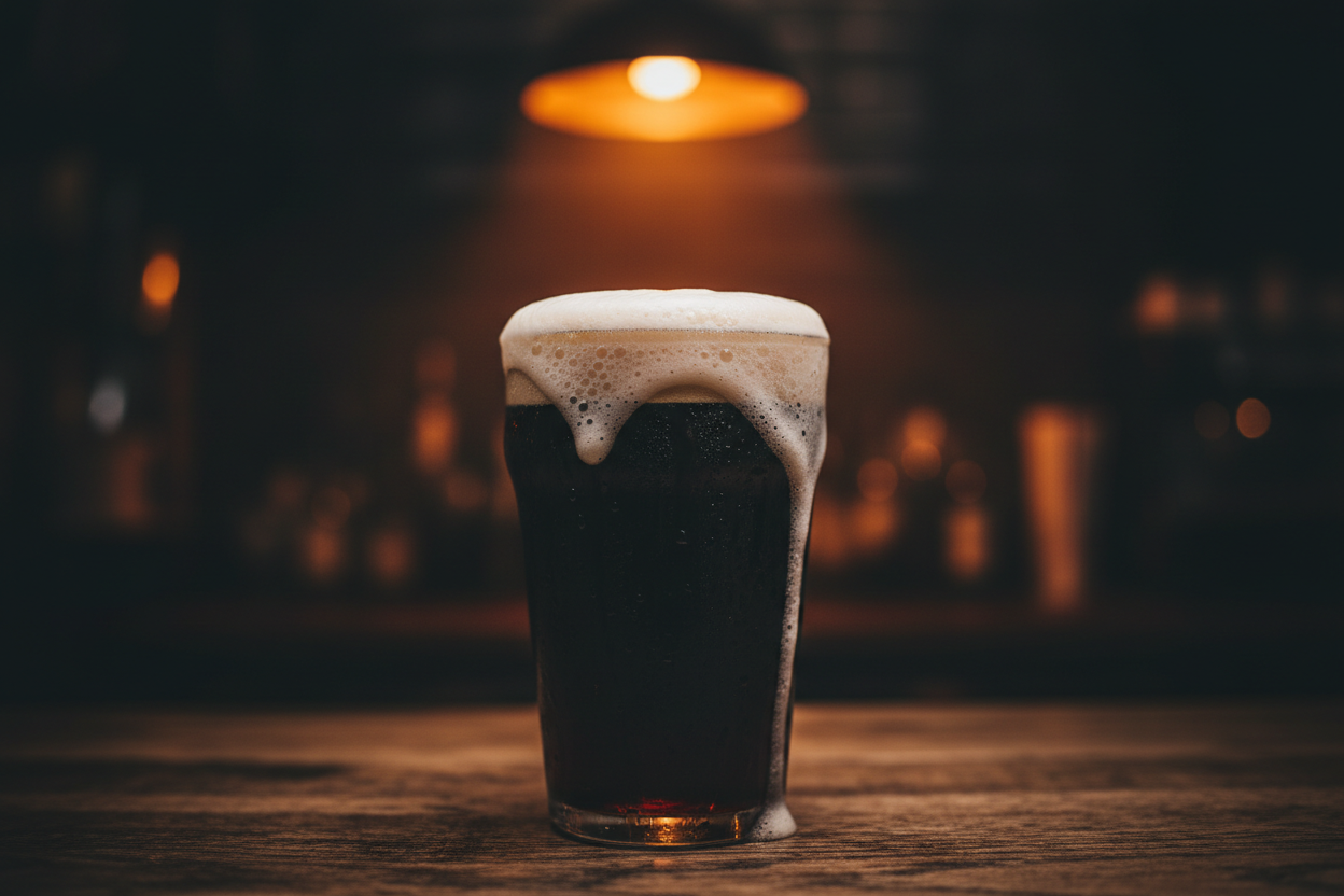 Close up of a dark stout with creamy foam settling on a heavy dark wood bar surface, warm amber light