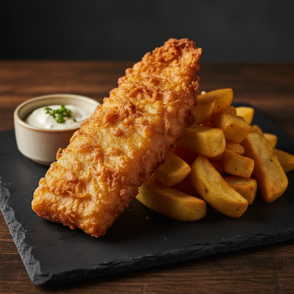 Atlantic Fish & Chips — Wild-caught cod in a stout batter, hand-cut chips, house tartare, mushy peas.